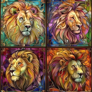 Stained Glass Watercolor Vibrant Lions Patchwork Tiles