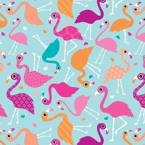 Flamingo summer colorful tropical birds retro girls print blue 