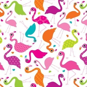 Flamingo summer colorful tropical birds retro girls print white 