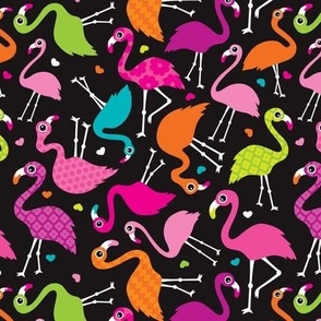 Flamingo summer colorful tropical birds retro girls print multi color black