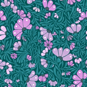 Modern Retro Floral- Cotton Candy- Pastel Flowers-70s inspired-Deep Green-Purple