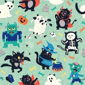 SMALL Fun Halloween Black Cat Monster Mash Green and Blue