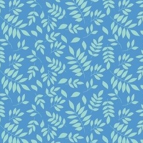 Modern scattered woodland leaves in teal green on blue.