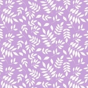 Modern scattered woodland leaves in vanilla on purple