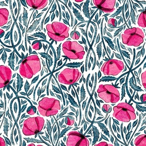 Romantic Hot Pink Scattered Poppies on White Medium