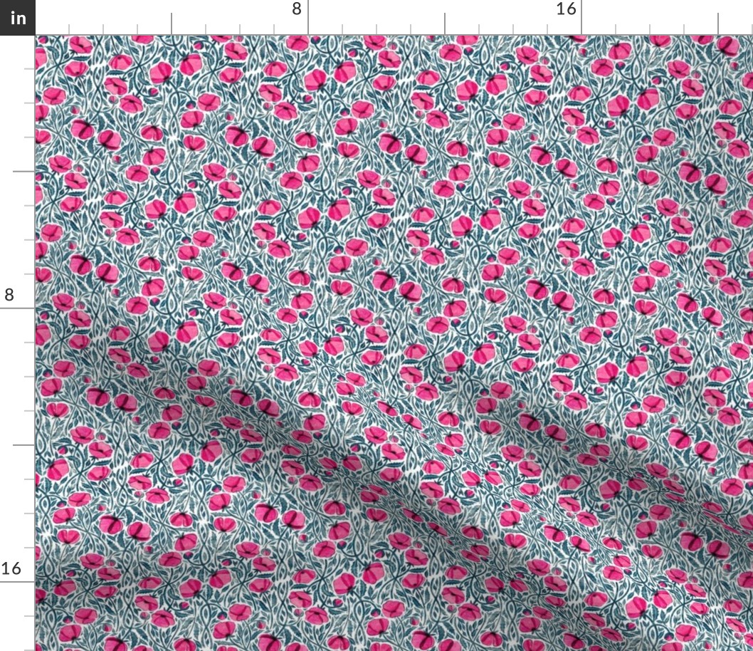 Romantic Hot Pink Scattered Poppies on White Microprint