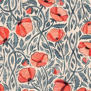 Peachy Coral Scattered Poppies with Blue Grey on Cream Large