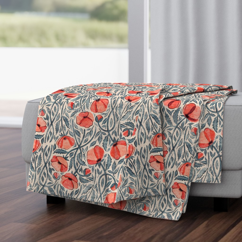 Peachy Coral Scattered Poppies with Blue Grey on Cream Medium