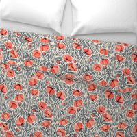 Peachy Coral Scattered Poppies with Blue Grey on Cream Medium