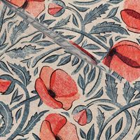 Peachy Coral Scattered Poppies with Blue Grey on Cream Medium