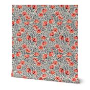 Peachy Coral Scattered Poppies with Blue Grey on Cream Medium