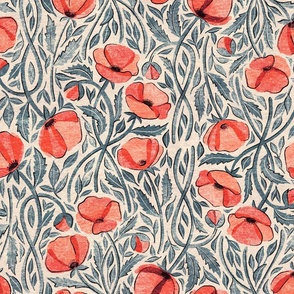 Peachy Coral Scattered Poppies with Blue Grey on Cream Medium