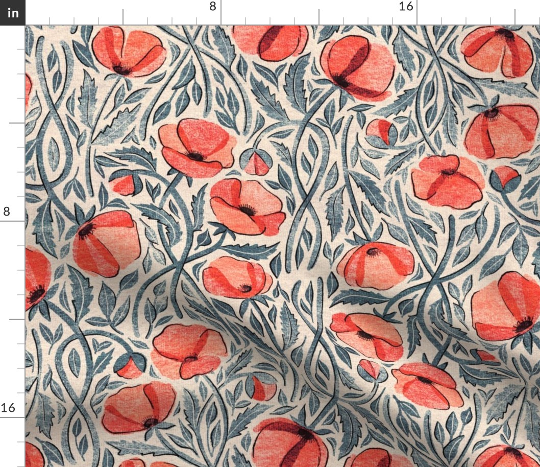 Peachy Coral Scattered Poppies with Blue Grey on Cream Medium