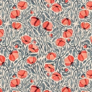 Peachy Coral Scattered Poppies with Blue Grey on Cream Small