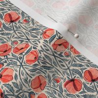 Peachy Coral Scattered Poppies with Blue Grey on Cream Microprint