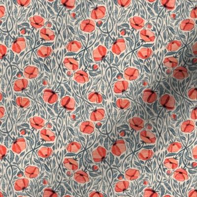 Peachy Coral Scattered Poppies with Blue Grey on Cream Microprint