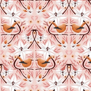 Orange birds, sparrow and white flower (Large scale)