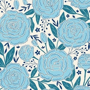 Delicate roses - Turquoise on white background - Small scale