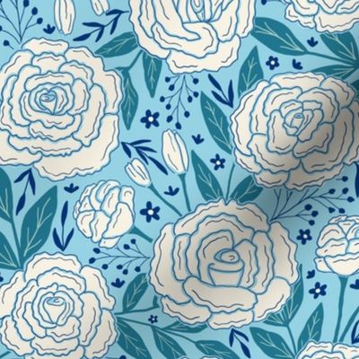 Delicate roses - White on turquoise background - Small scale