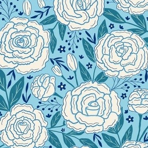 Delicate roses - White on turquoise background - Small scale