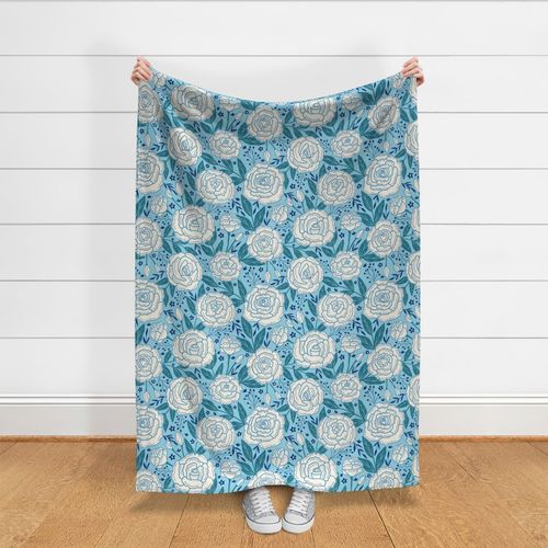 Delicate roses - White on turquoise background - Large scale