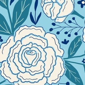 Delicate roses - White on turquoise background - Large scale