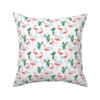 Pink Flamingo and Tropical Cactus on White