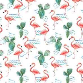 Pink Flamingo and Tropical Cactus on White