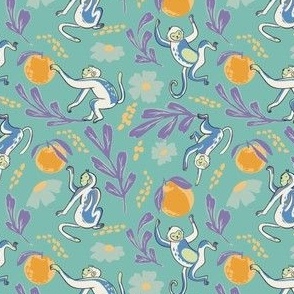Tropical Tango Troupe - Monkey and Oranges in shades of purple and blue