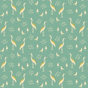 Egrets and seagulls in the rain on mint background
