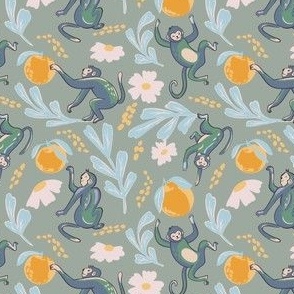 Tropical Tango Troupe - Monkey and Oranges in shades of Teal blue