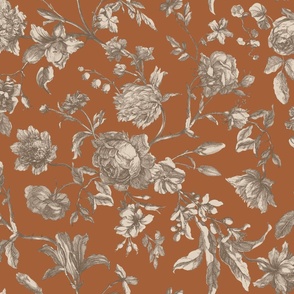 Antique Floral Toile - Orange & Brown