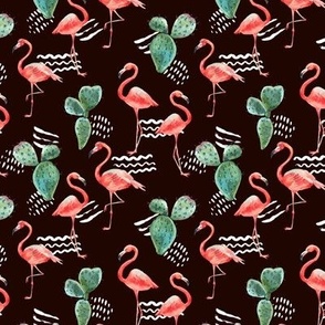 Pink Flamingo and Tropical Cactus on black