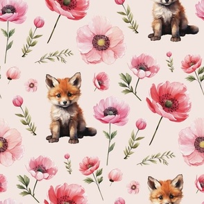 Baby Fox With Pink Watercolor Flowers