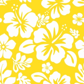White Hawaiian Flowers on Yellow -Medium Scale