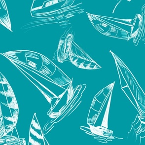 Sailboat Sketches on Teal  Texture Background, Medium Scale Design