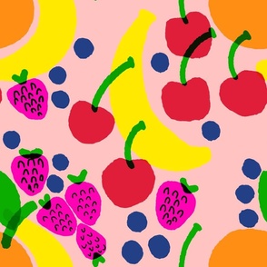 Fruit Bowl Blue Mixed Banana, Strawberry, Blueberry And Cherry With Orange On Peach Fuzz Bright Polka Dot Bright Colorful Retro Modern Scandi Tropical Kitchen Fruit Foodie Wallpaper Style Design
