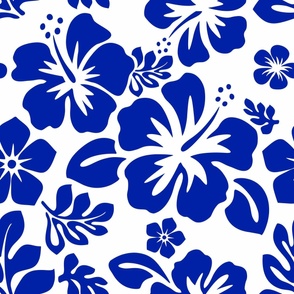 Royal Blue Hawaiian Flowers on White -Medium Scale