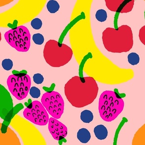Fruit Bowl Big Blue Mixed Banana, Strawberry, Blueberry And Cherry With Orange On Peach Fuzz Bright Polka Dot Bright Colorful Retro Modern Scandi Tropical Kitchen Fruit Foodie Wallpaper Style Design