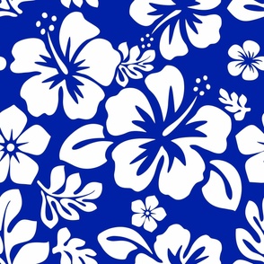 White Hawaiian Flowers on Royal Blue - Medium Scale -