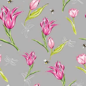 Bees Pink Tulips Dragonflies on Dark Cool Grey - XL