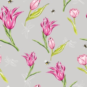 Bees Pink Tulips Dragonflies on Light Cool Grey - XL