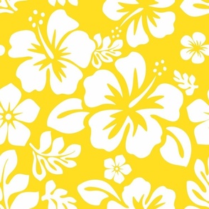 White Hawaiian Flowers on Yellow -Small Scale -