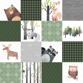 Woodland Critters Patchwork Quilt (NO WORDS) Bear Moose Fox Raccoon Wolf, Forest Green Design