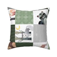 Woodland Critters Patchwork Quilt (NO WORDS) Bear Moose Fox Raccoon Wolf, Forest Green Design ROTATED