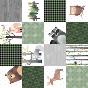 Woodland Critters Patchwork Quilt (NO WORDS) Bear Moose Fox Raccoon Wolf, Forest Green Design ROTATED