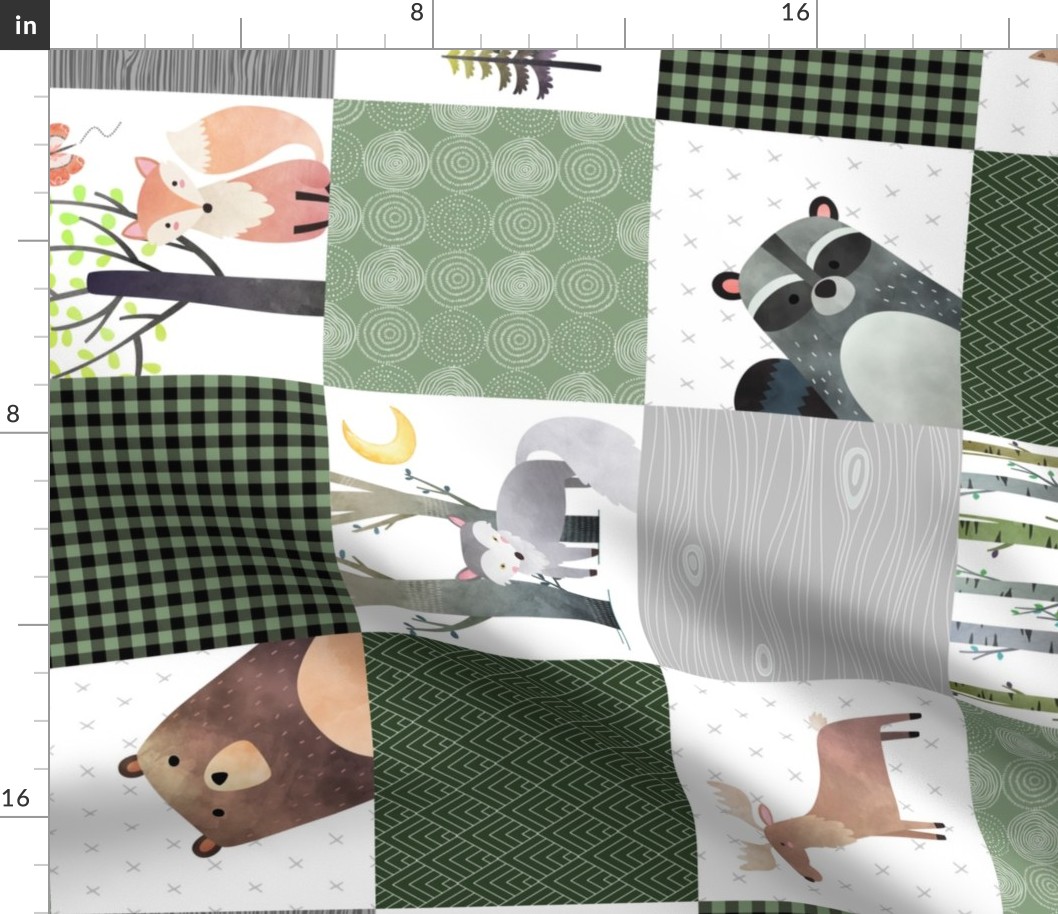 Woodland Critters Patchwork Quilt (NO WORDS) Bear Moose Fox Raccoon Wolf, Forest Green Design ROTATED