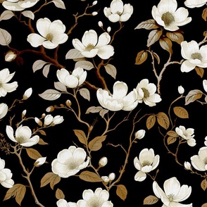 MOODY  FLORAL - CREAM AND GOLD ON BLACK, LARGE SCALE