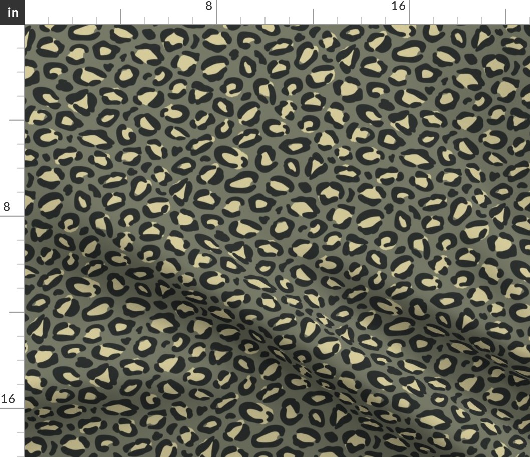 Green Leopard Print {Dusty Yellow and Charcoal Black on Camouflage Green} Animal Spots 