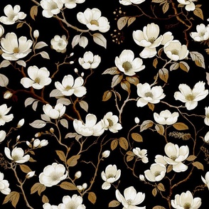 MOODY  FLORAL - CREAM AND GOLD ON BLACK, MEDIUM SCALE